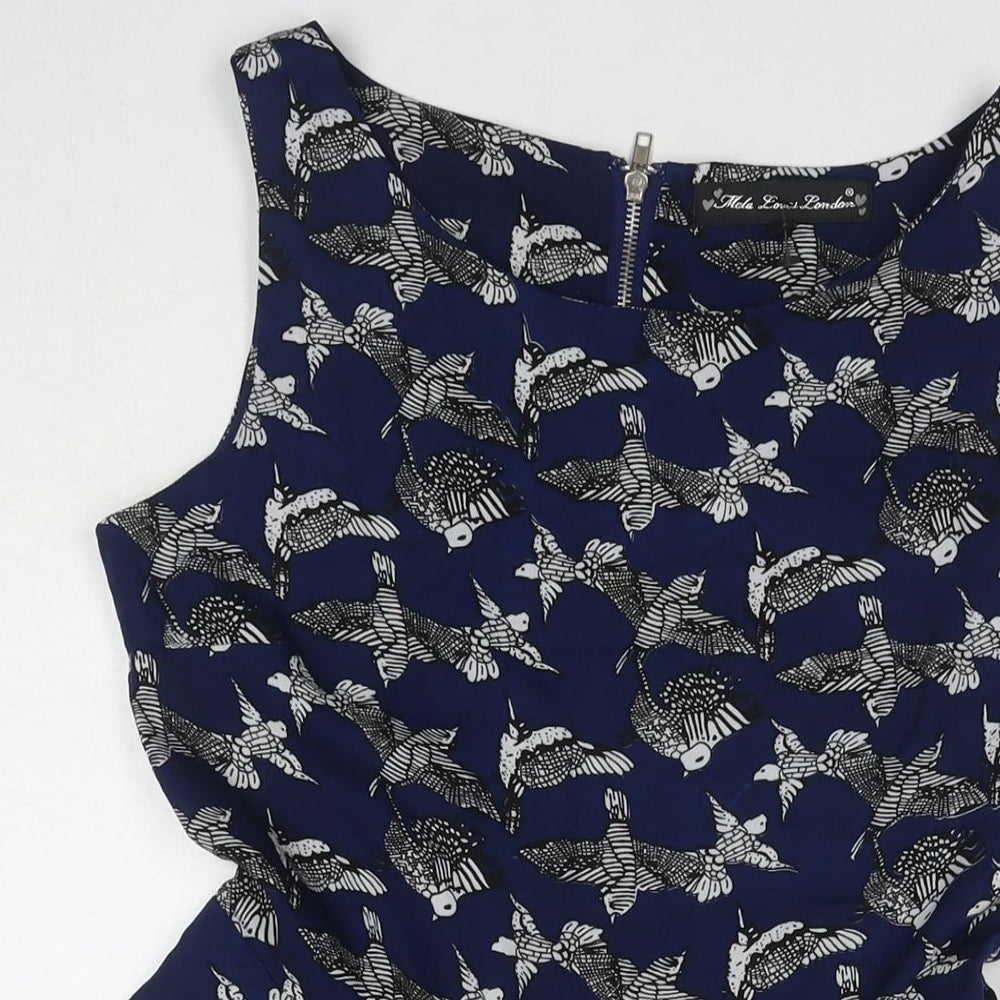 Mela London Womens Blue Geometric Polyester Tank Dress Size 10 Round Neck Pullover - Birds