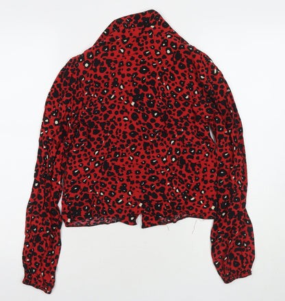 New Look Womens Red Animal Print Viscose Basic Button-Up Size 8 Collared