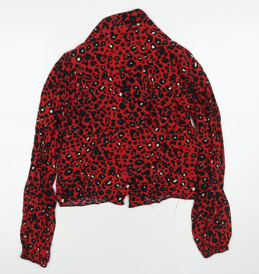 New Look Womens Red Animal Print Viscose Basic Button-Up Size 8 Collared