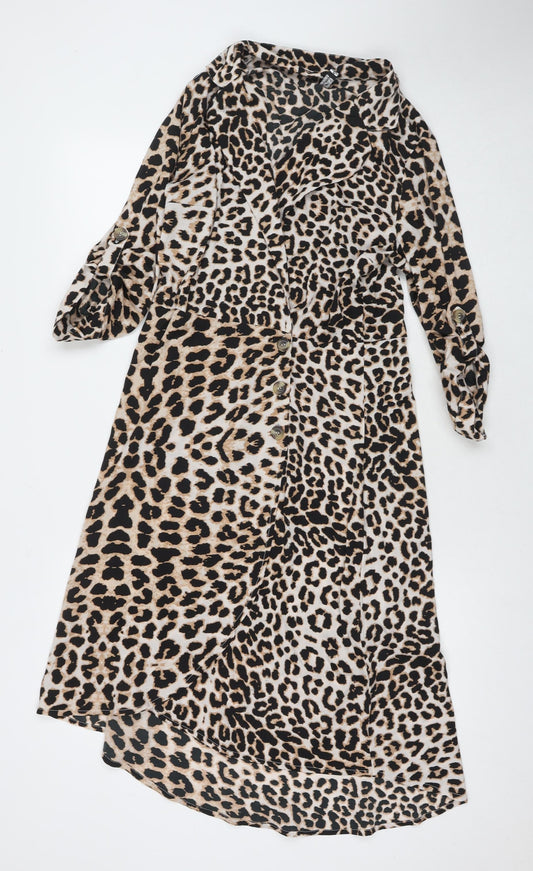 Influence Womens Beige Animal Print Polyester Wrap Dress Size 12 Collared Button