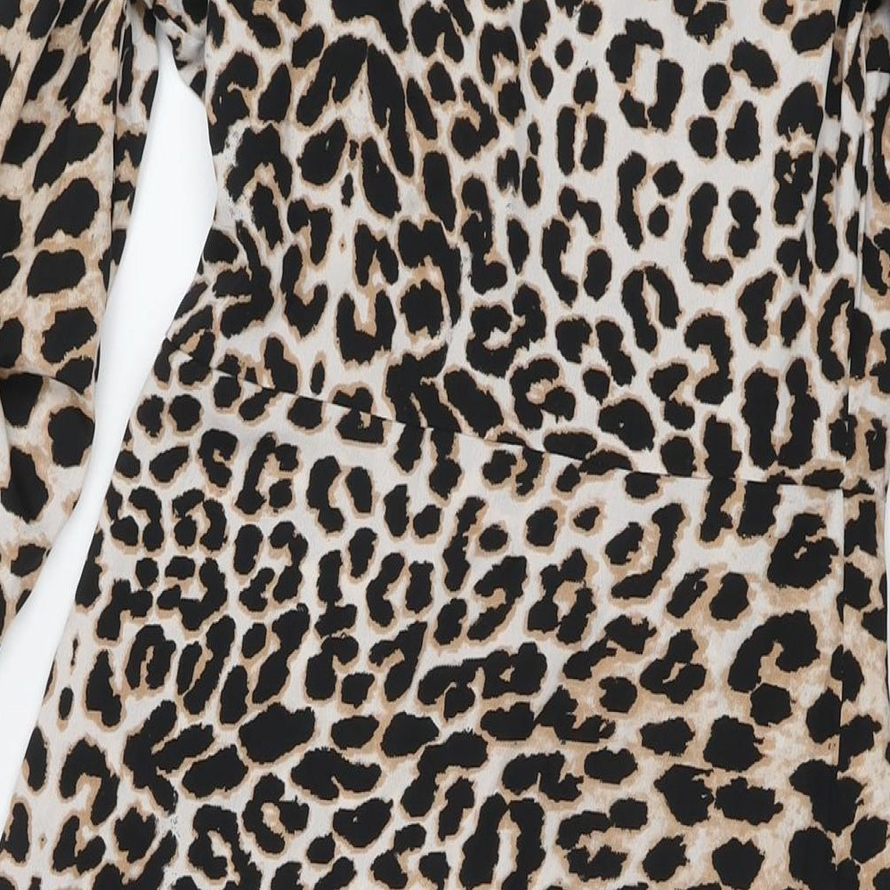 Influence Womens Beige Animal Print Polyester Wrap Dress Size 12 Collared Button