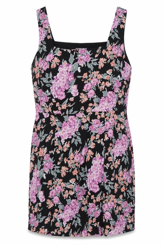 Front view of Fashion Union women’s multicoloured floral polyester shift, size UK 14, square neck
