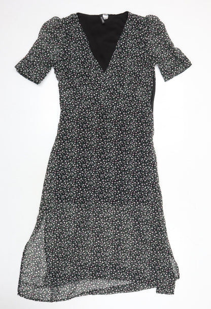 H&M Womens Multicoloured Floral Polyester Blend A-Line Size 10 V-Neck - Side spits