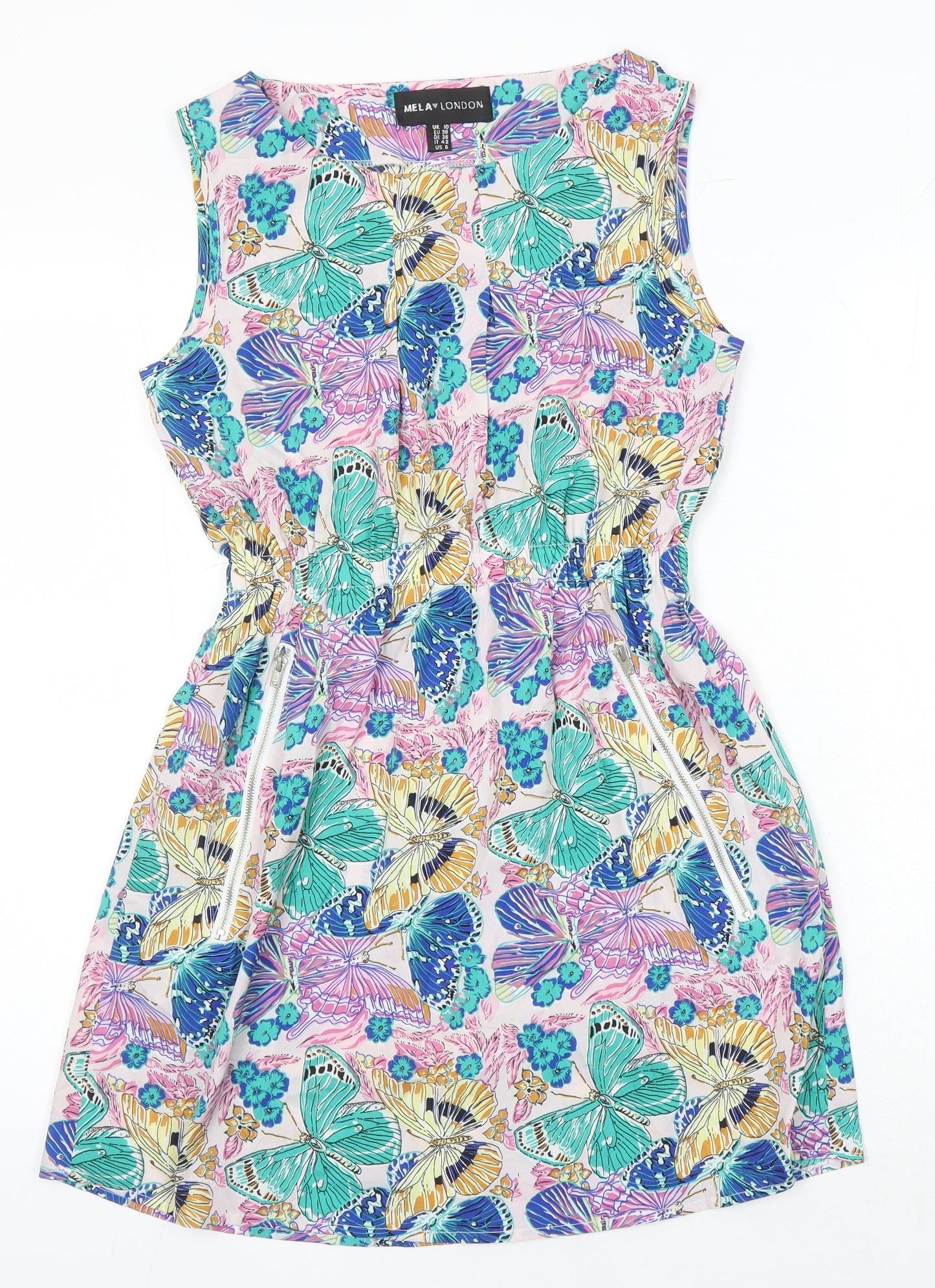 Mela London Womens Multicoloured Geometric Polyester A-Line Size 10 Boat Neck - Pockets