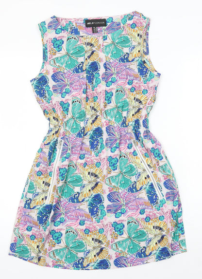 Mela London Womens Multicoloured Geometric Polyester A-Line Size 10 Boat Neck - Pockets