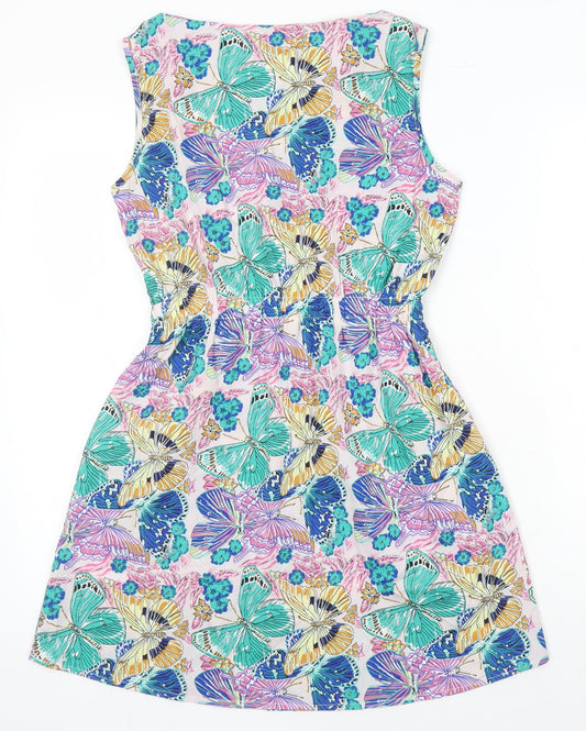 Mela London Womens Multicoloured Geometric Polyester A-Line Size 10 Boat Neck - Pockets