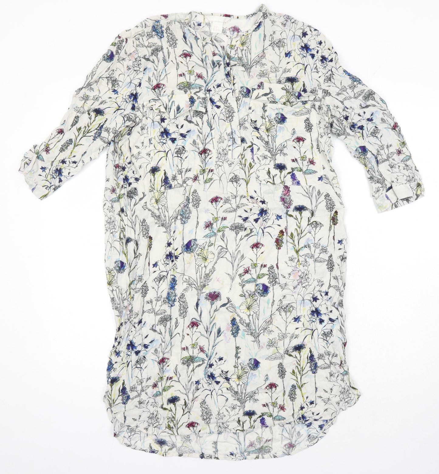 H&M Womens Ivory Fair Isle Viscose Shirt Dress Size 10 Round Neck
