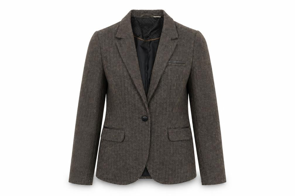 Front view of La radoute women’s brown jacket, size UK 12, button