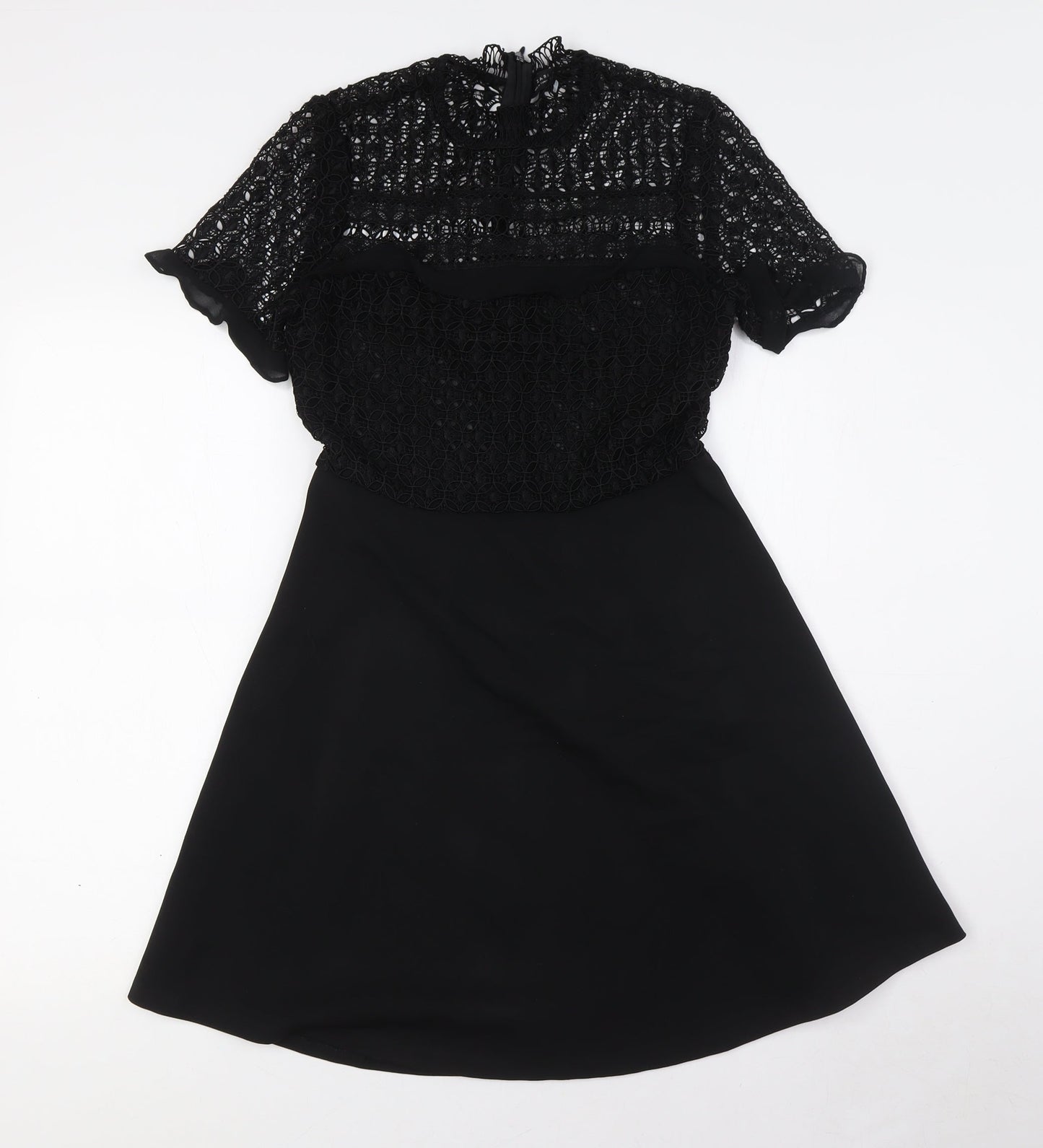 Zara Womens Black Polyester A-Line Size S Mock Neck Zip - Lace Top
