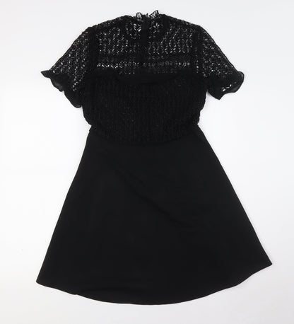 Zara Womens Black Polyester A-Line Size S Mock Neck Zip - Lace Top