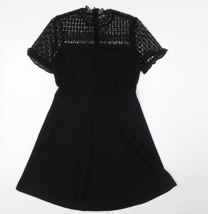 Zara Womens Black Polyester A-Line Size S Mock Neck Zip - Lace Top