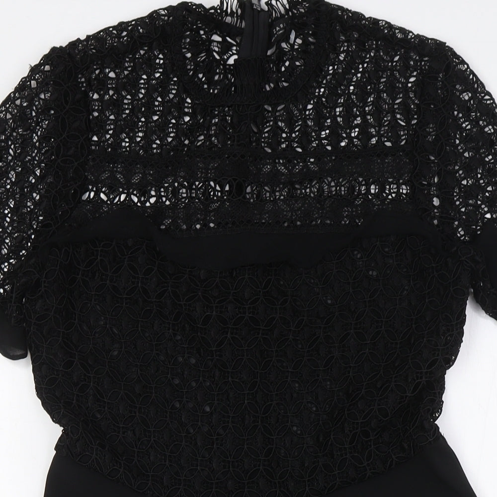 Zara Womens Black Polyester A-Line Size S Mock Neck Zip - Lace Top
