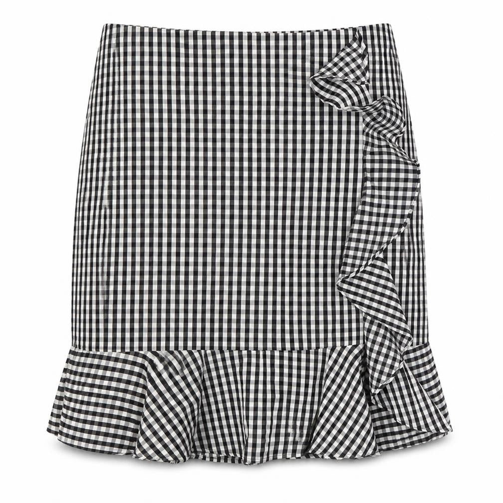 Marks and Spencer Womens Black Check Viscose A-Line Skirt Size 18 Zip - Ruffles