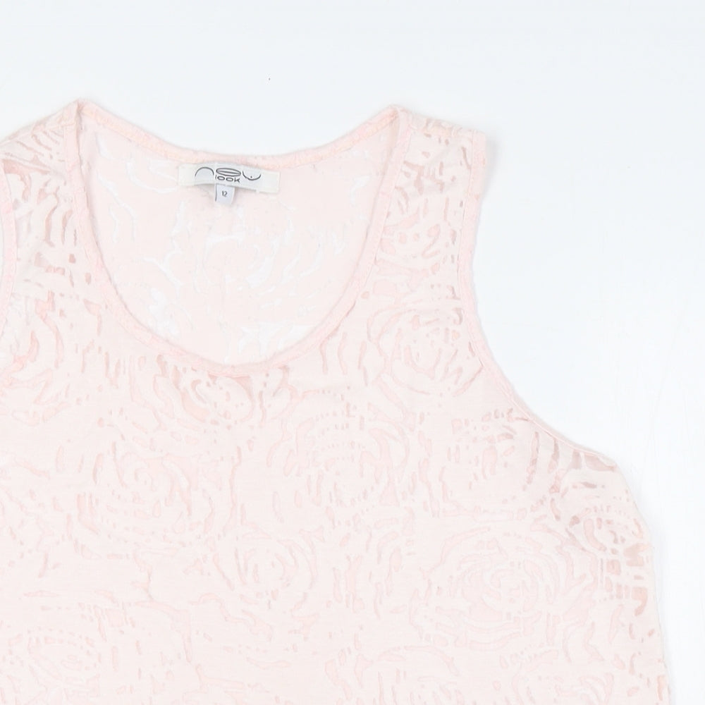 New Look Womens Pink Cotton Basic Button-Up Size 12 Round Neck - Sheer