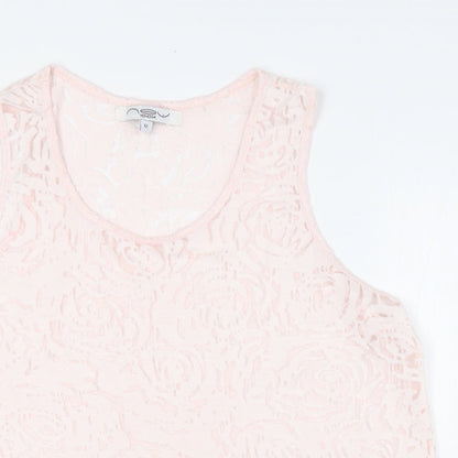 New Look Womens Pink Cotton Basic Button-Up Size 12 Round Neck - Sheer