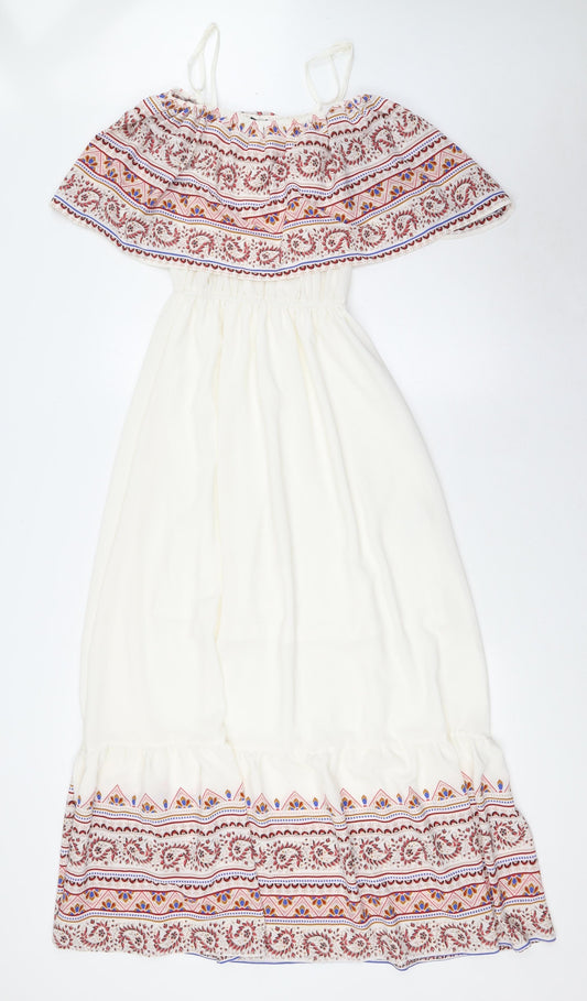 Izabel London Womens White Viscose Maxi Size 8 Square Neck - Patterned Hem and Collar