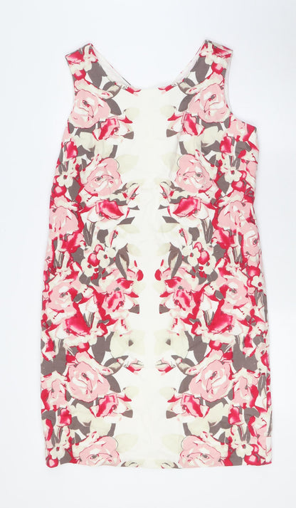 Pomodoro Womens Ivory Floral Cotton Pencil Dress Size 16 Boat Neck Zip - Pink Flowers