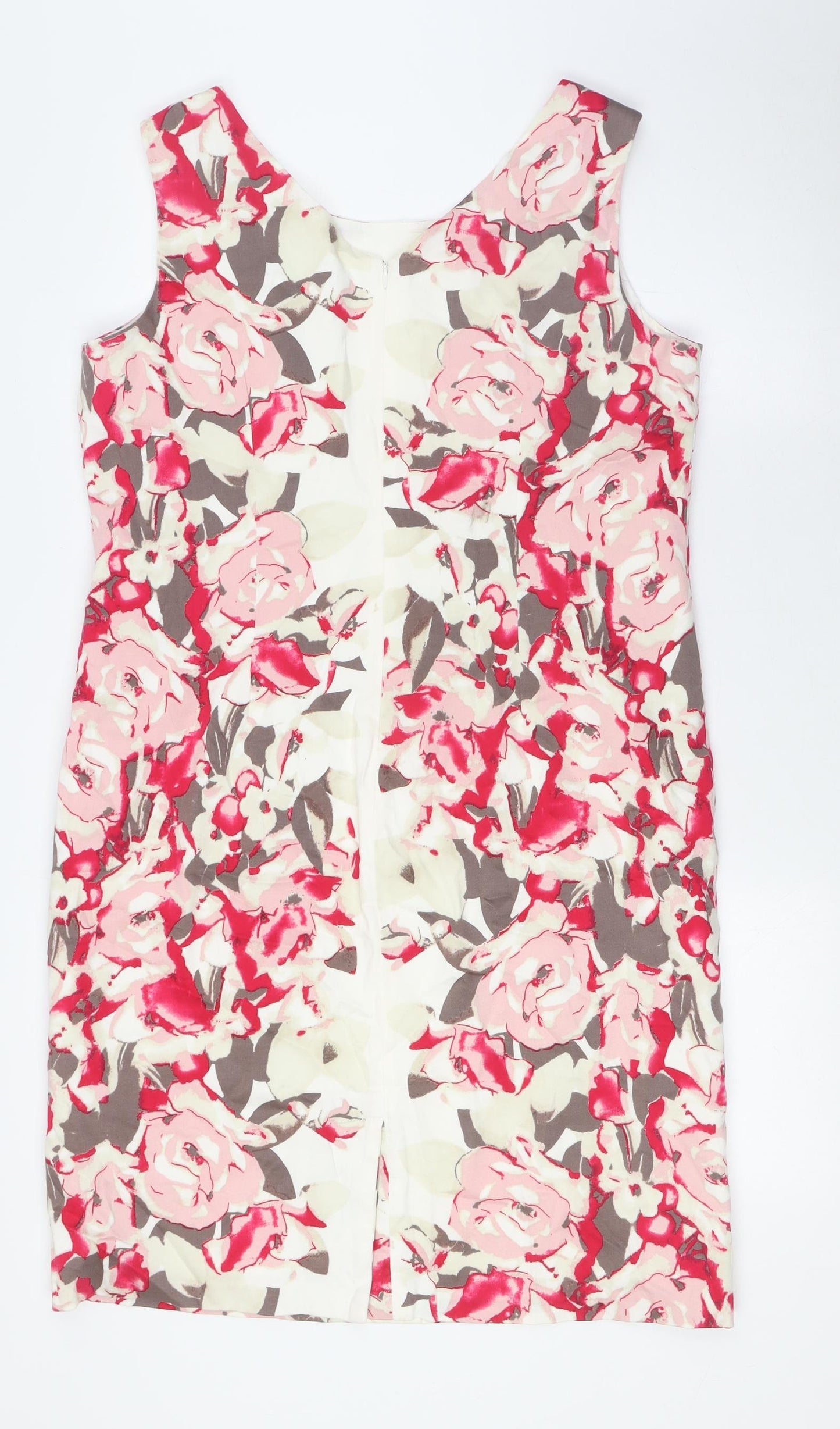 Pomodoro Womens Ivory Floral Cotton Pencil Dress Size 16 Boat Neck Zip - Pink Flowers