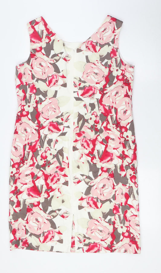 Pomodoro Womens Ivory Floral Cotton Pencil Dress Size 16 Boat Neck Zip - Pink Flowers