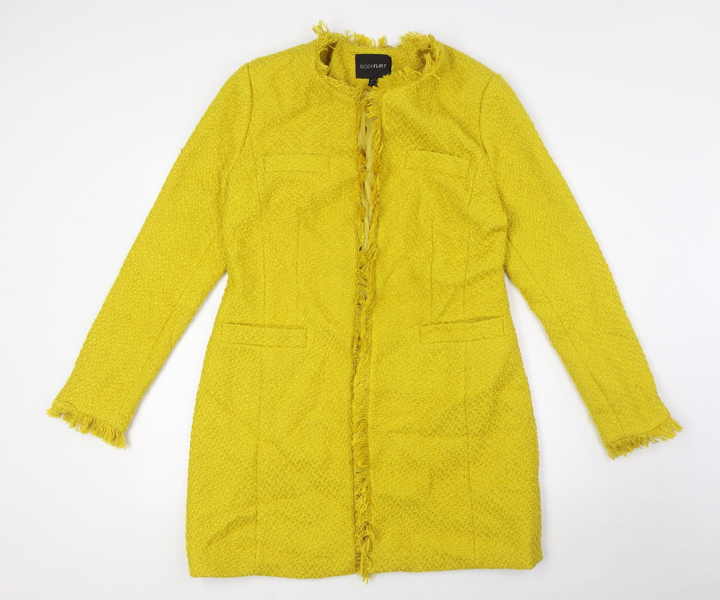 Body Flirt Womens Yellow Overcoat Coat Size 14 Hook & Eye - Textured, Raw Hems