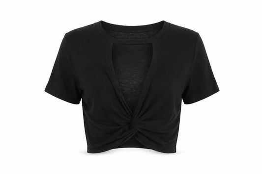 Front view of Cooperative women’s black cotton basic t-shirt, size S, round neck
