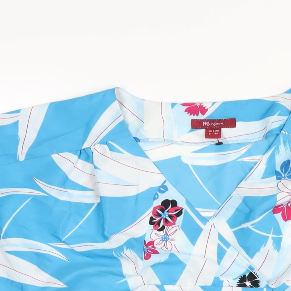 Monsoon Womens Blue Geometric Polyester A-Line Size 8 V-Neck Pullover