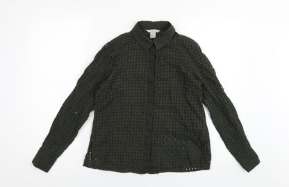 H&M Womens Green Cotton Basic Button-Up Size 6 Collared
