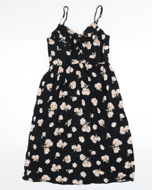 New Look Womens Black Floral Viscose A-Line Size 8 V-Neck Zip