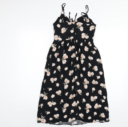 New Look Womens Black Floral Viscose A-Line Size 8 V-Neck Zip