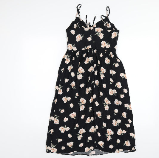 New Look Womens Black Floral Viscose A-Line Size 8 V-Neck Zip
