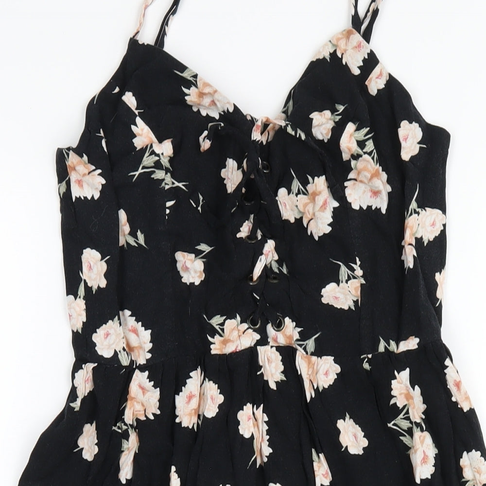 New Look Womens Black Floral Viscose A-Line Size 8 V-Neck Zip