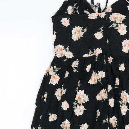 New Look Womens Black Floral Viscose A-Line Size 8 V-Neck Zip