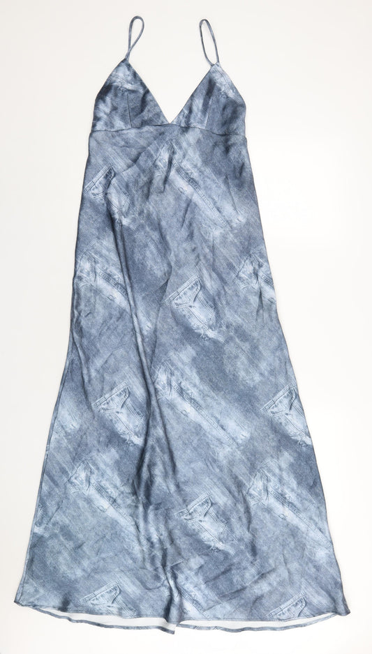 Zara Womens Blue Geometric Polyester A-Line Size M V-Neck Pullover