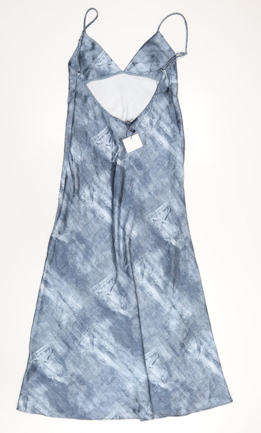 Zara Womens Blue Geometric Polyester A-Line Size M V-Neck Pullover