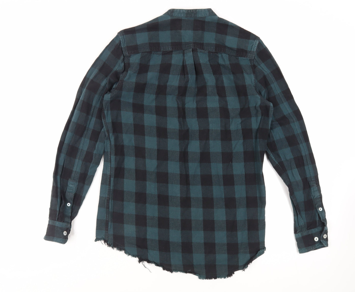 River Island Mens Green Plaid Cotton Button-Up Size S Round Neck Button - Raw Hem