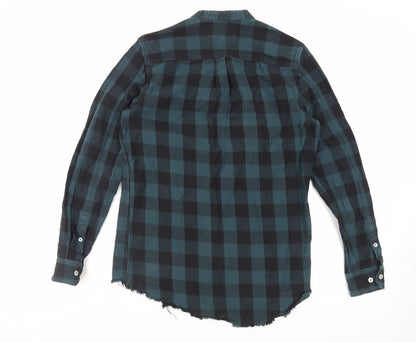 River Island Mens Green Plaid Cotton Button-Up Size S Round Neck Button - Raw Hem