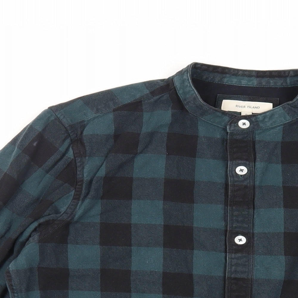 River Island Mens Green Plaid Cotton Button-Up Size S Round Neck Button - Raw Hem