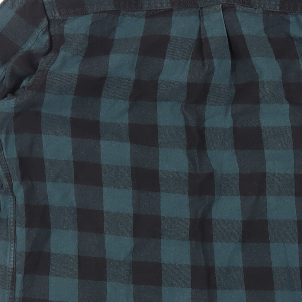 River Island Mens Green Plaid Cotton Button-Up Size S Round Neck Button - Raw Hem