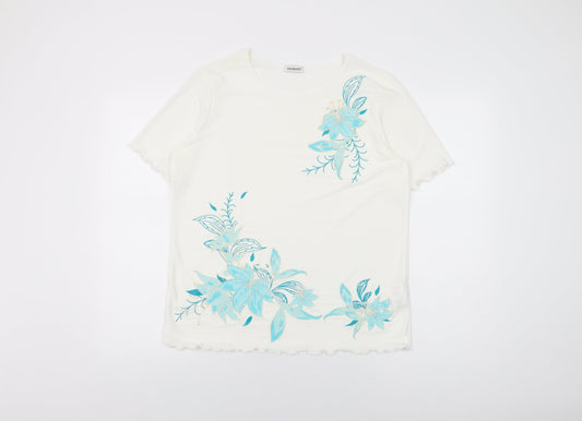 Damart Womens White Floral Polyester Basic T-Shirt Size 14 Round Neck