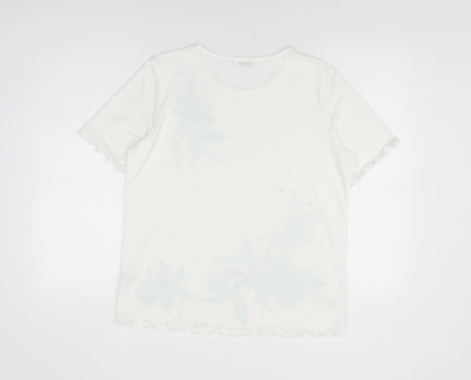 Damart Womens White Floral Polyester Basic T-Shirt Size 14 Round Neck