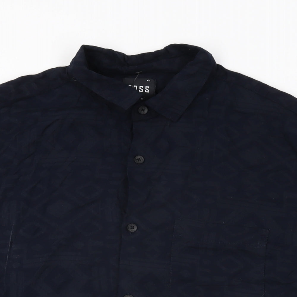 TOSS Mens Blue Geometric Polyester Button-Up Size XL Collared Button