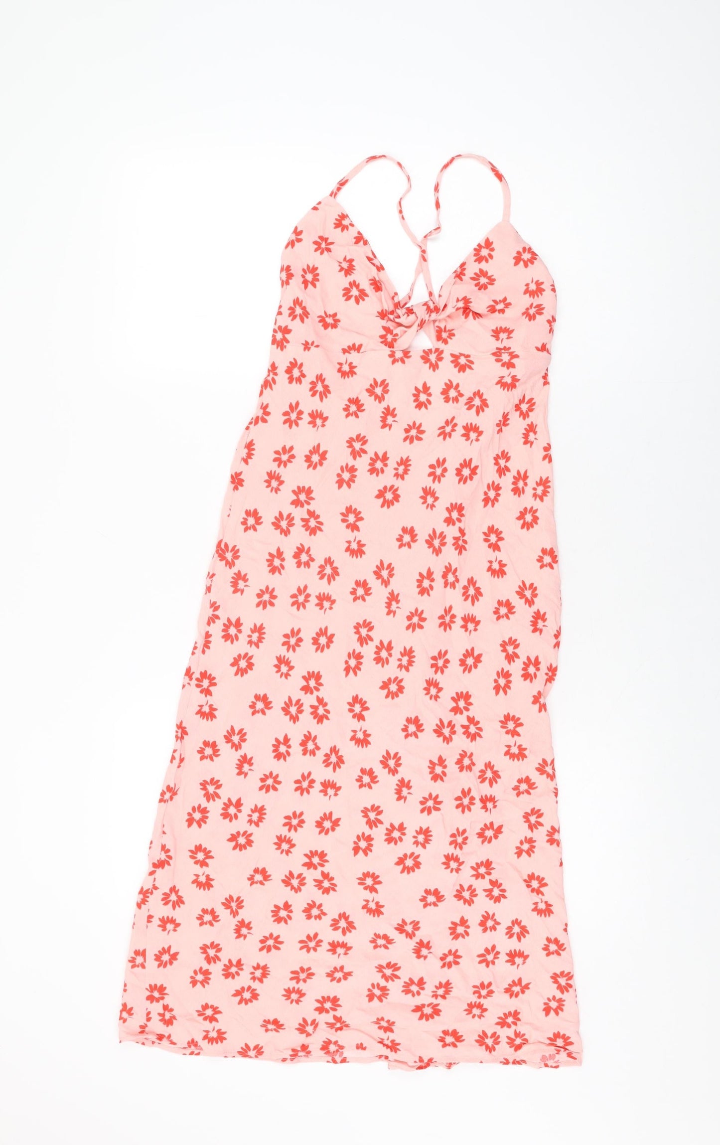 Bershka Womens Pink Floral Viscose Shift Size M V-Neck Tie