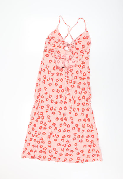 Bershka Womens Pink Floral Viscose Shift Size M V-Neck Tie