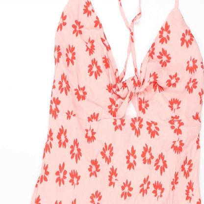 Bershka Womens Pink Floral Viscose Shift Size M V-Neck Tie