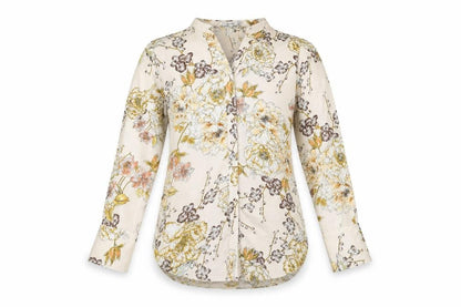 Riva Womens Beige Floral Polyester Basic Button-Up Size S V-Neck