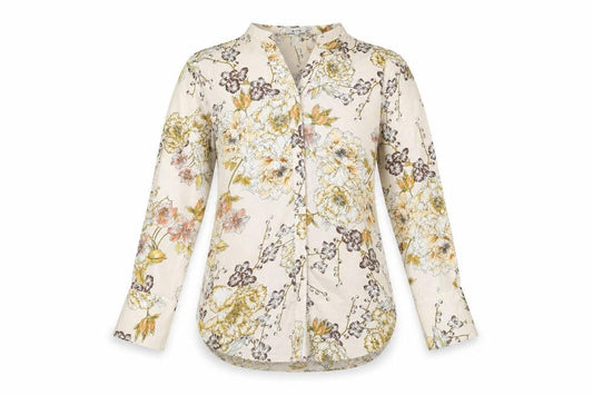 Riva Womens Beige Floral Polyester Basic Button-Up Size S V-Neck