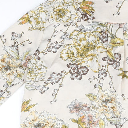 Riva Womens Beige Floral Polyester Basic Button-Up Size S V-Neck