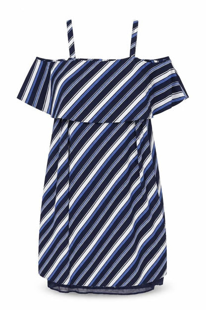 Marks and Spencer Womens Blue Striped Polyester Shift Size 14 Off the Shoulder Pullover