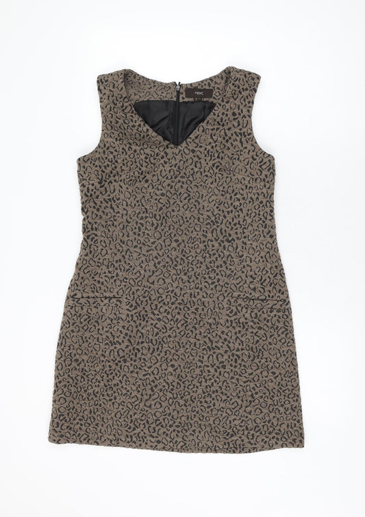 NEXT Womens Brown Geometric Polyester Shift Size 10 V-Neck Zip