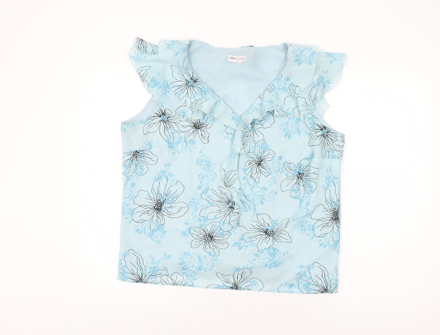 Bonmarché Womens Blue Floral Polyester Basic Blouse Size 18 V-Neck